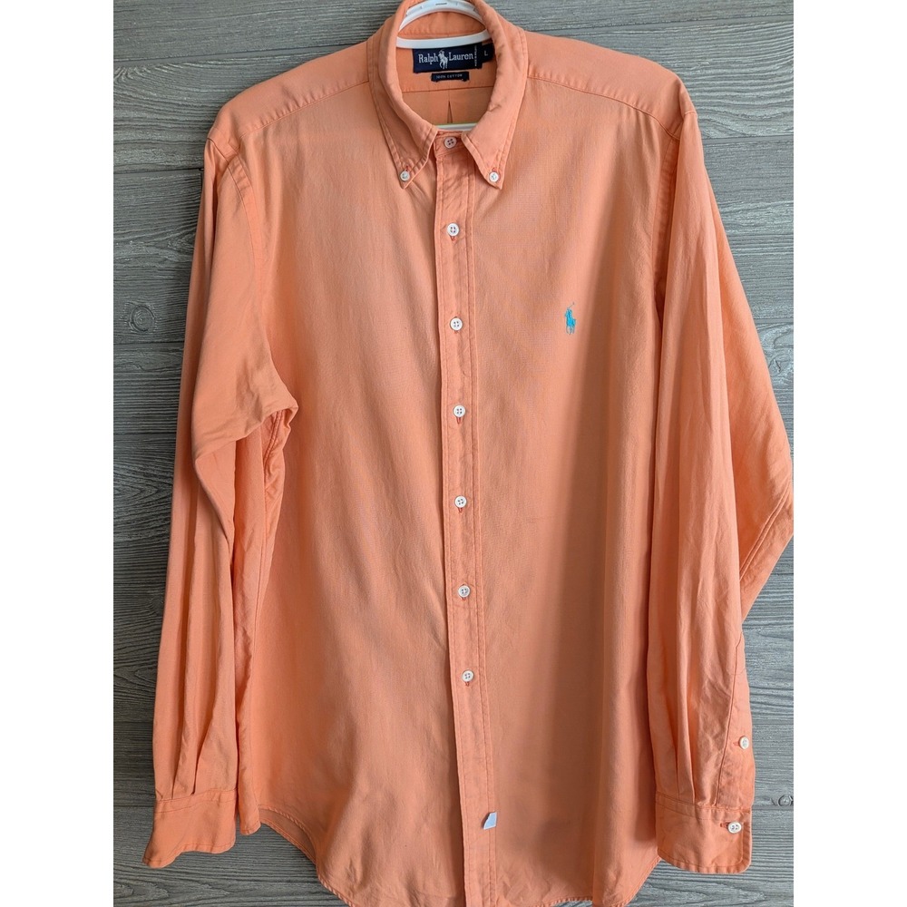 Ralph Lauren Mens Large Peach Orange Button Down Long Sleeve Shirt L-Blue Pony